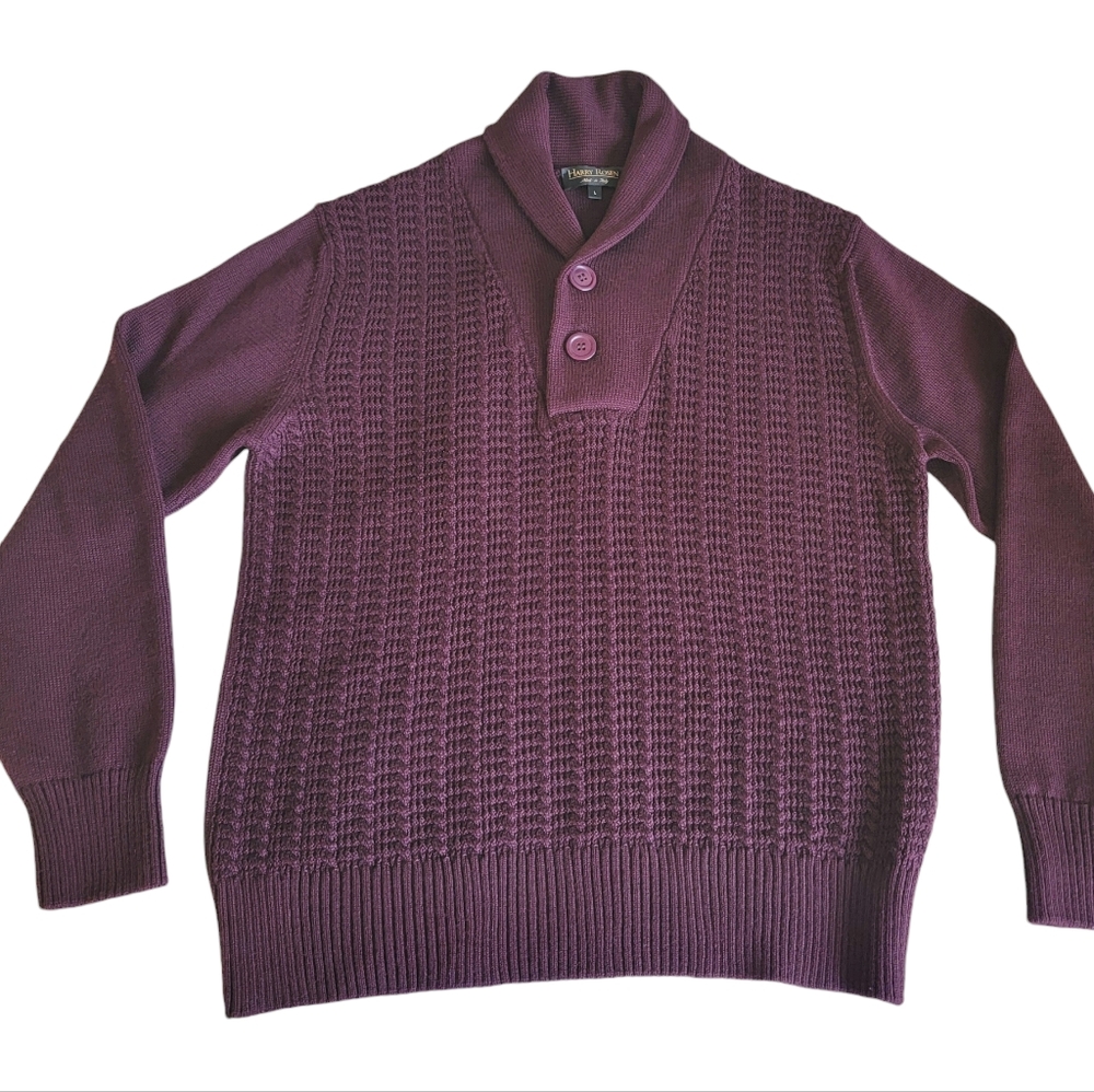 Vintage Harry Rosen Shawl Sweater Burgundy Merino Wool Blend Pullover Ac… - Picture 5 of 16